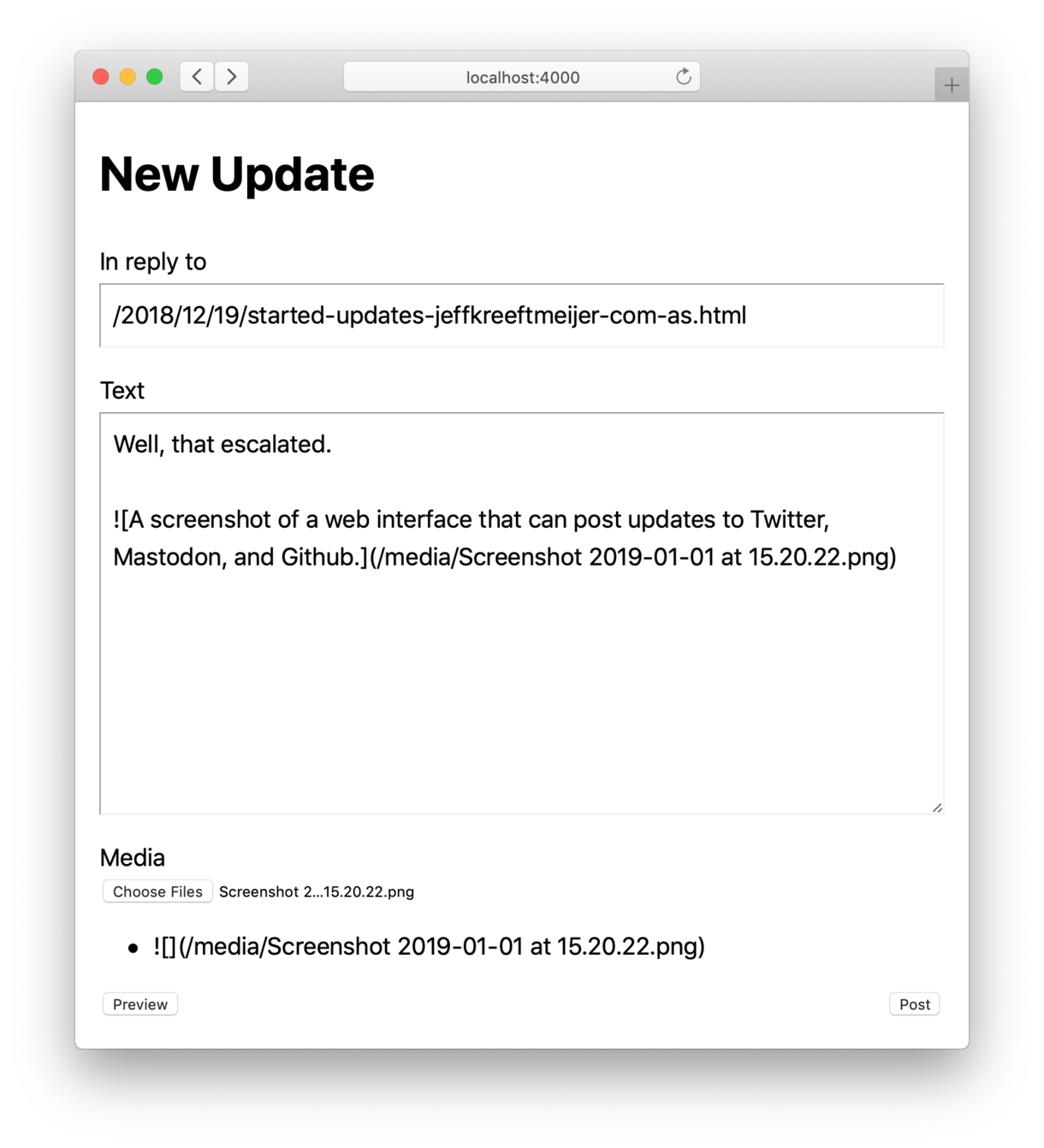 A screenshot of a web interface that can post updates to Twitter, Mastodon, and Github.